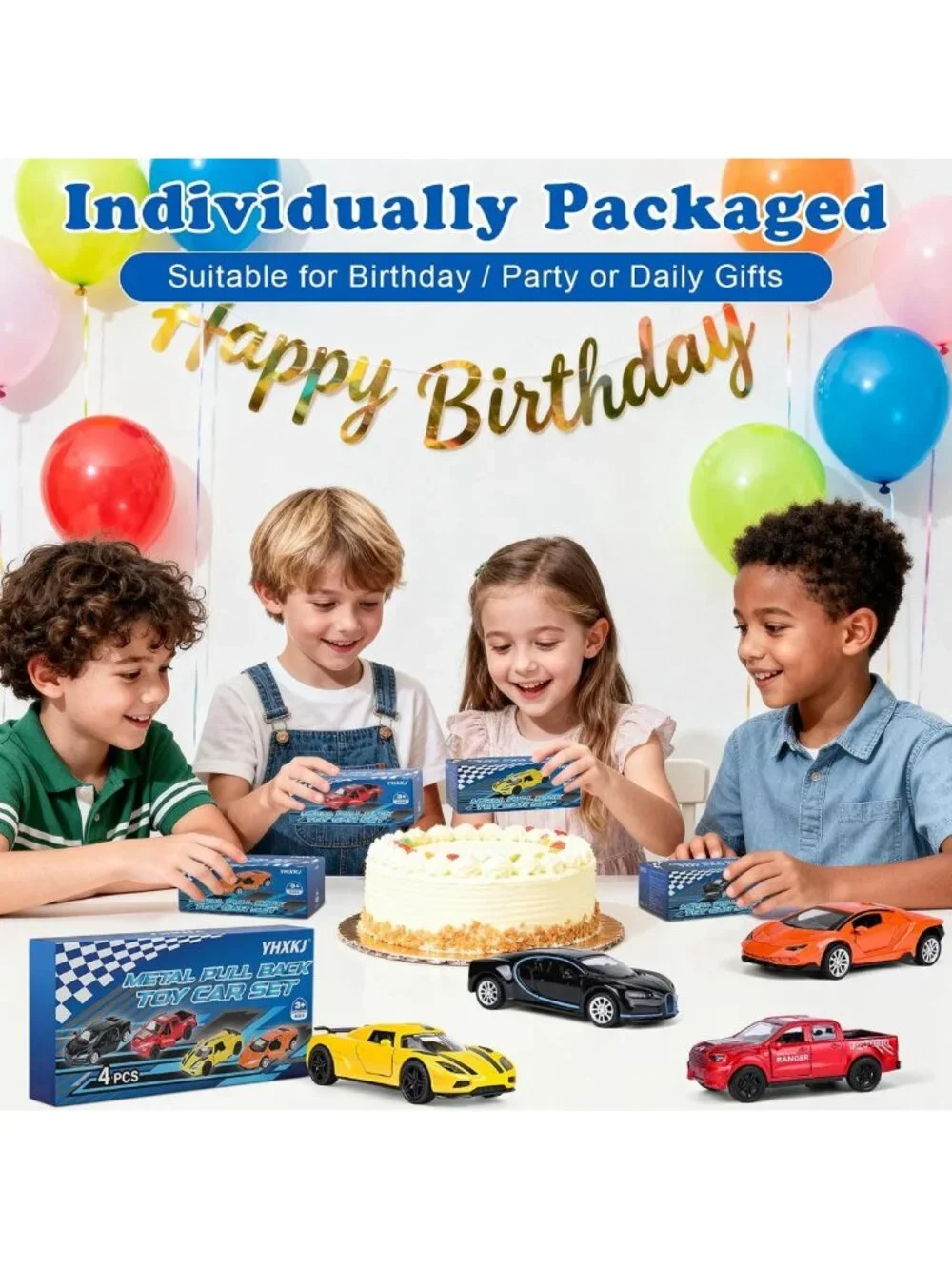 Diecast Pull Back Race Cars Set, 1:36 Scale with Opening Doors, 4 Pack for Kids